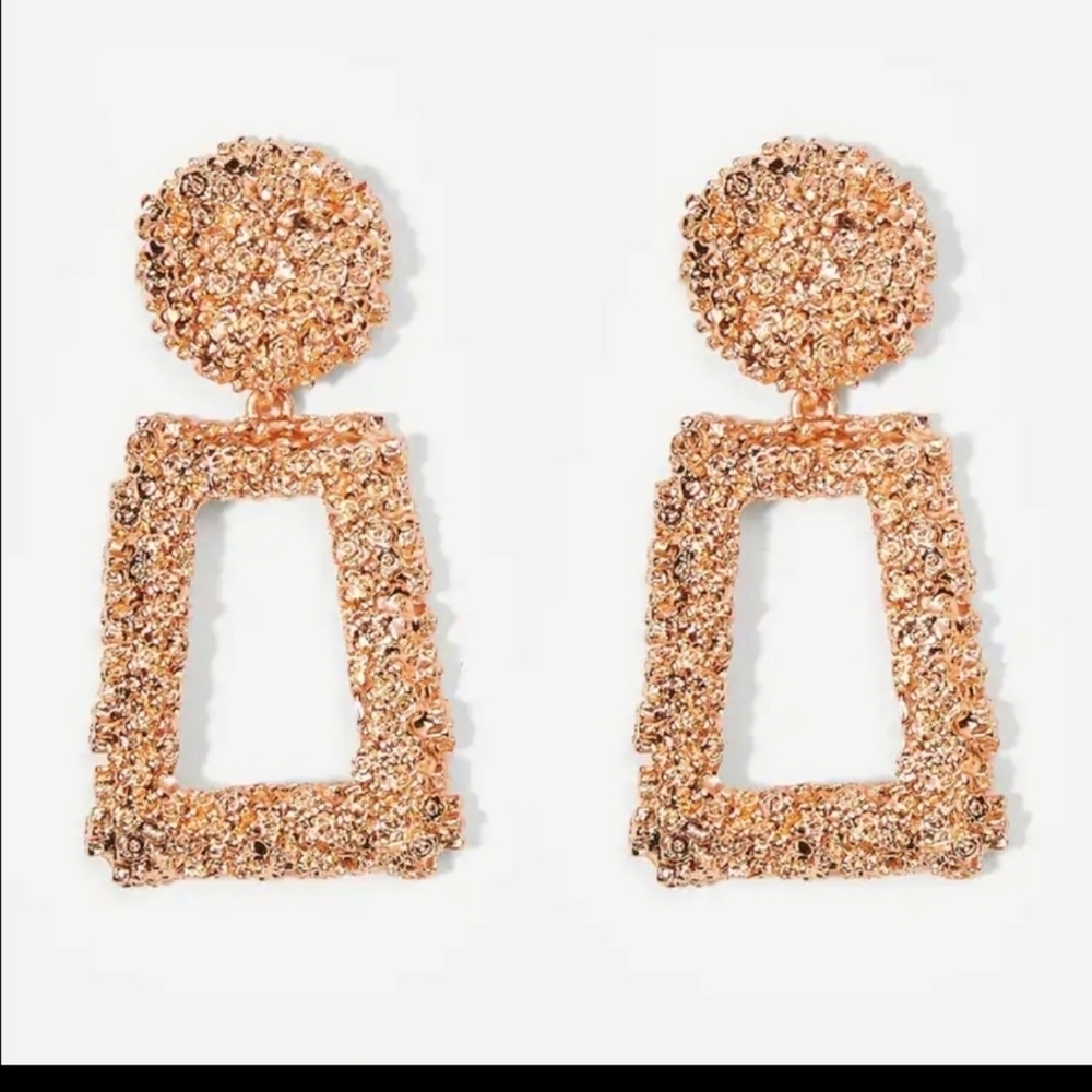Rose Gold Statement Textured Rectangular Earrings - Picture 3 of 3